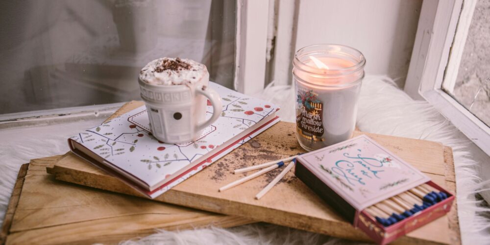 books, coffee, and candle