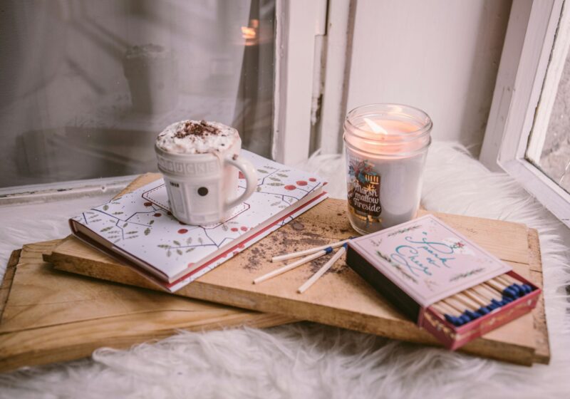 books, coffee, and candle