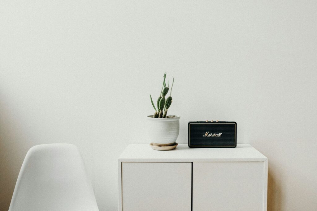 a minimalist setup with a table and a chair