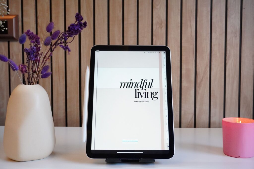 An iPad showing the cover of the Mindful Living Digital Planner, a journal designed for self-care, mindfulness, and goal-setting.