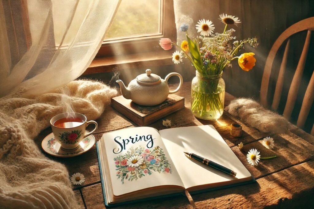 A peaceful spring journaling setup with a notebook, a warm drink, and flowers, perfect for mindful reflection and creativity.