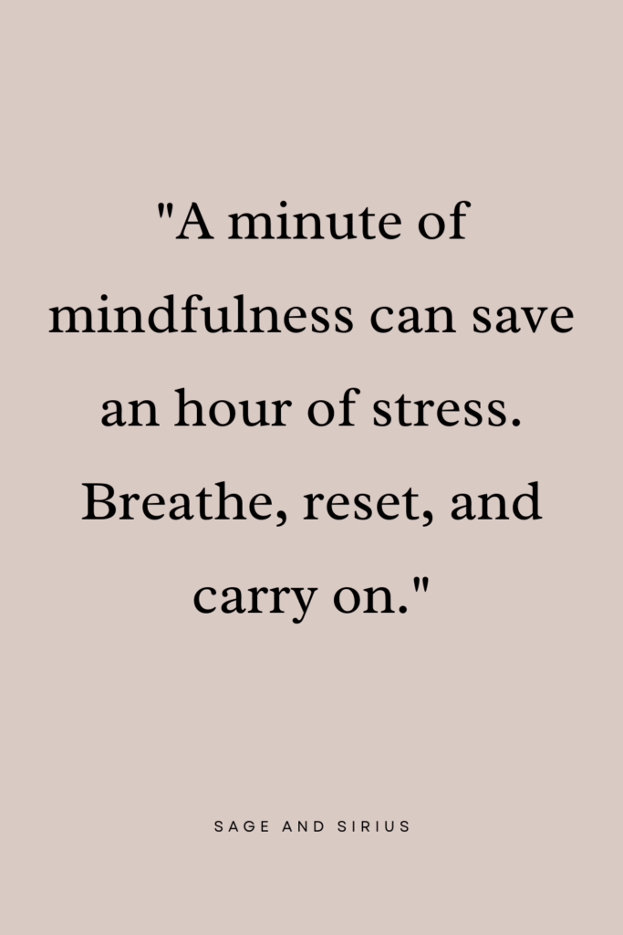 A calming quote that encourages short mindful breaks. It highlights self-care at work activities like breathing exercises to help you feel more relaxed.