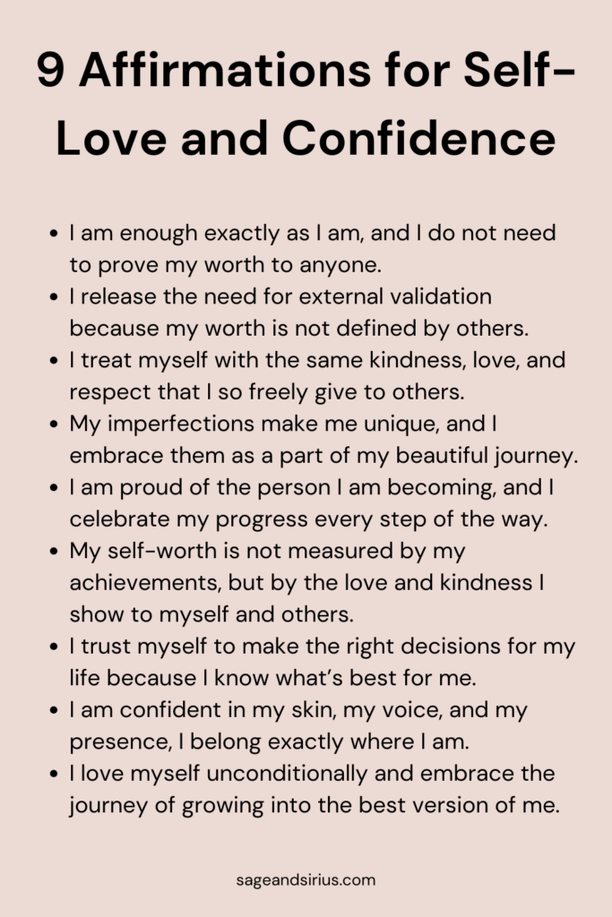 An image showing 9 Vision Board Affirmations for Self-Love and Confidence, filled with positive affirmations to boost self-worth and belief in yourself.