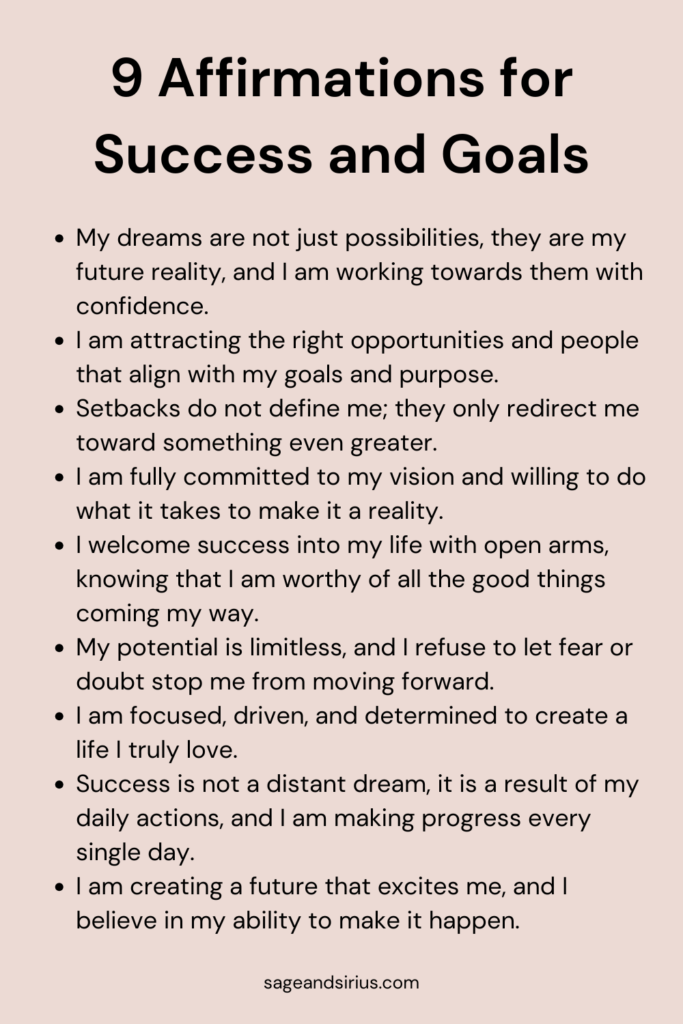 An image with 9 Vision Board Affirmations for Success and Goals written on it,