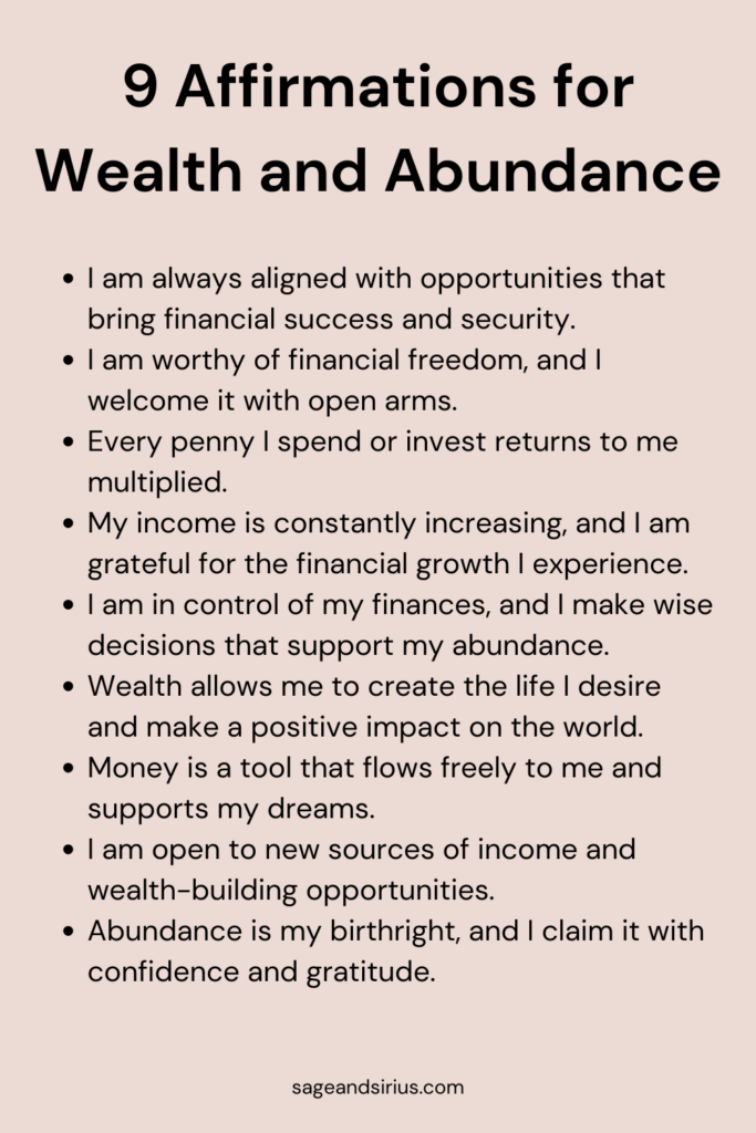 An image with 9 Vision Board Affirmations for Wealth and Abundance to attract financial success and prosperity.