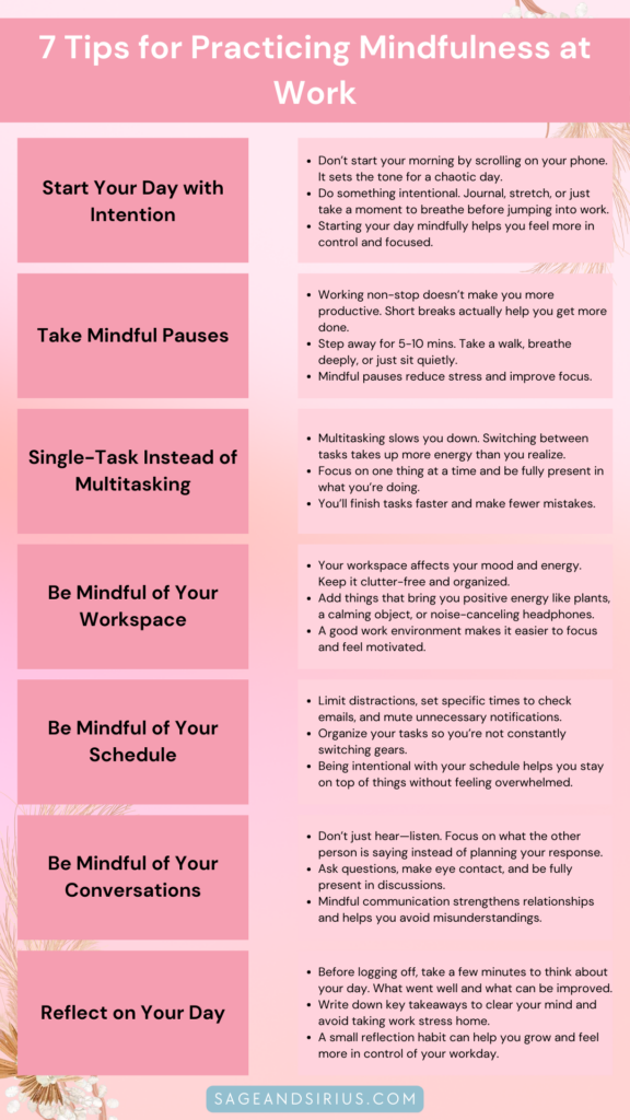 This image has all the 7 tips for practicing mindfulness at work that we discussed in this blog. 