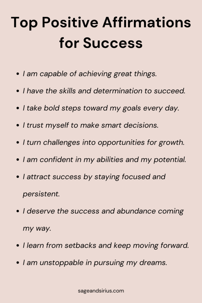 This image highlights the top 10 positive affirmations to start the day feeling focused, determined, and ready to achieve success in your goals.