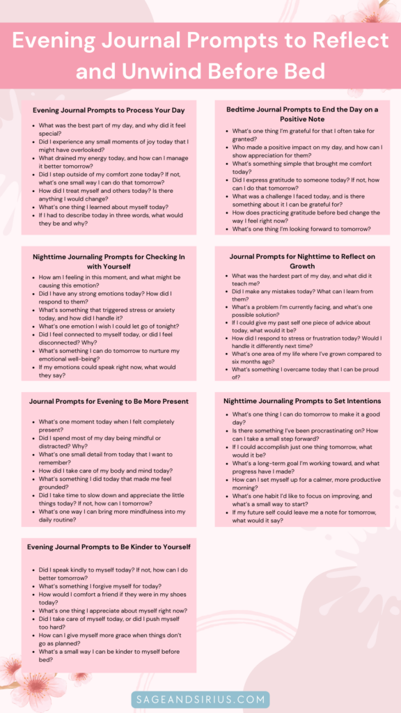 This image contains a collection of evening journal prompts, including reflections, gratitude, self-compassion, and mindfulness prompts, to guide your nighttime journaling practice.