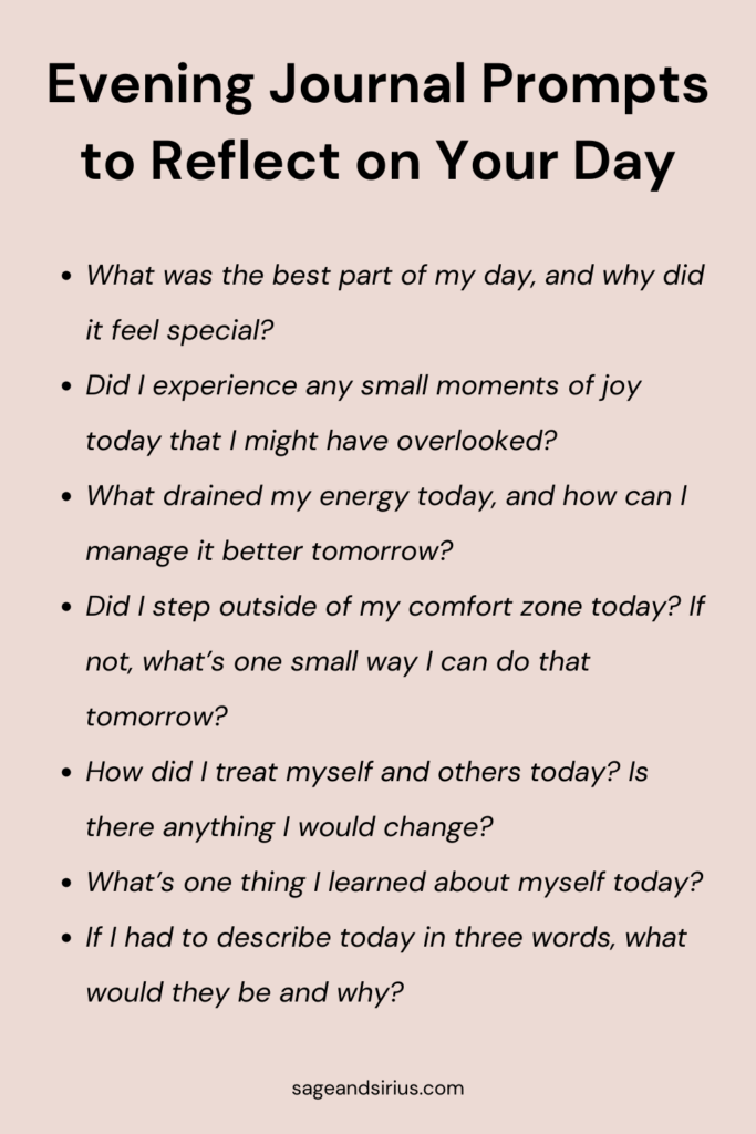 This image has evening journal prompts to help you reflect on your day, process emotions, and gain clarity before bed.