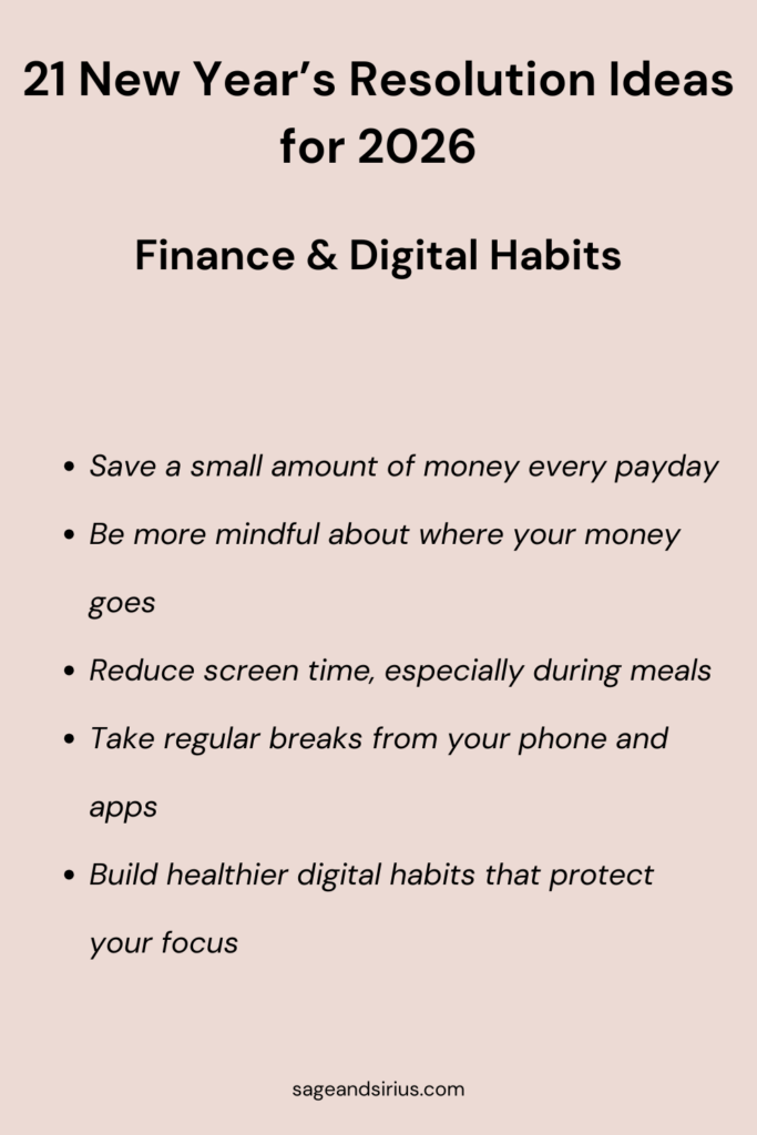 This image contains 5 New Year’s resolution ideas focused on improving financial habits and reducing unhealthy digital usage in 2026. It encourages mindful spending, saving money consistently, and creating healthier screen-time boundaries.