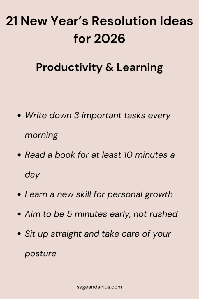 This image features 5 New Year’s resolution ideas centered around productivity and learning in 2026. The resolutions encourage better focus, daily planning, reading books, learning new skills, being punctual, and maintaining good posture while working.